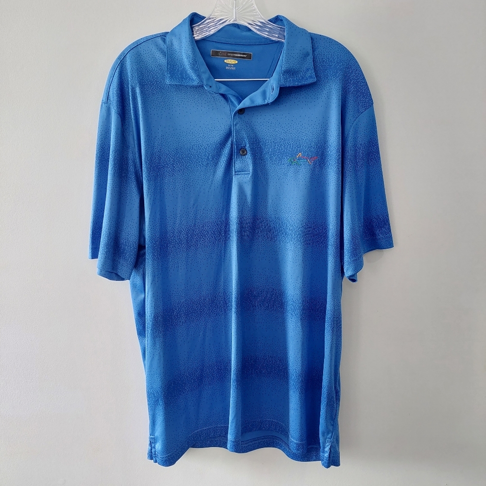 Greg Norman polo shirt XL blue short sleeve play dry embroidered shark logo